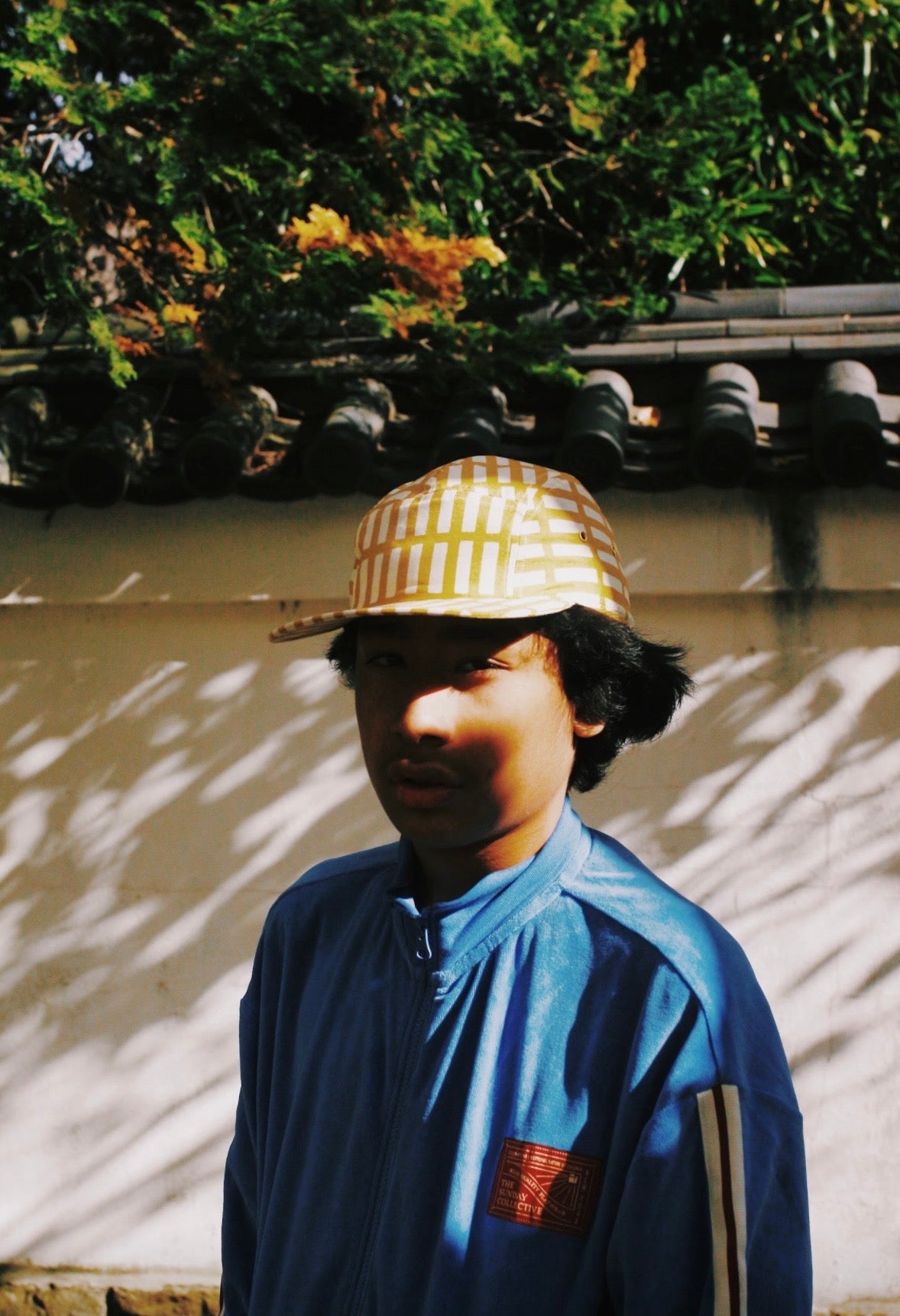 Mustard grid print 5-panel hat