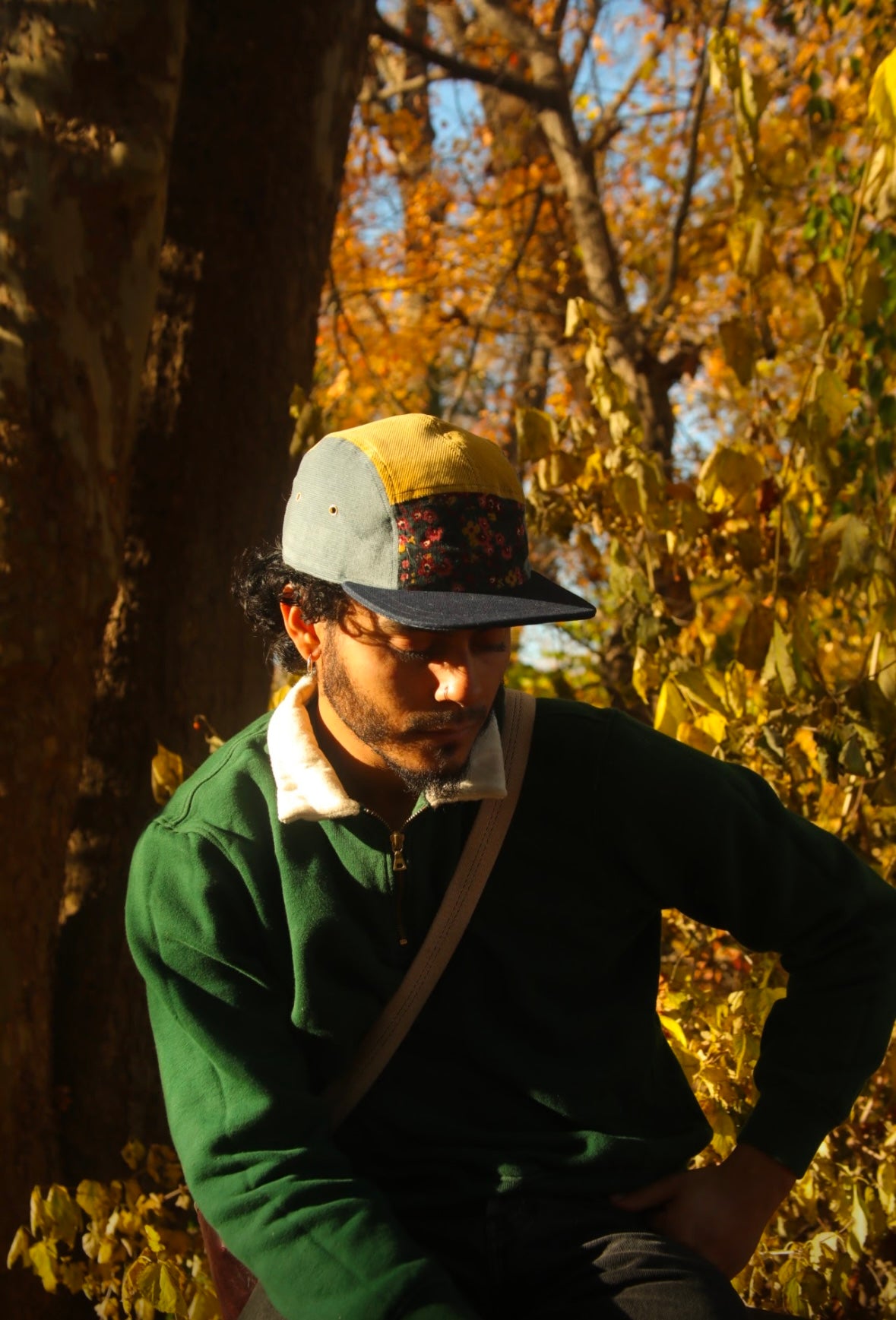 Corduroy color block & floral 5-panel hat