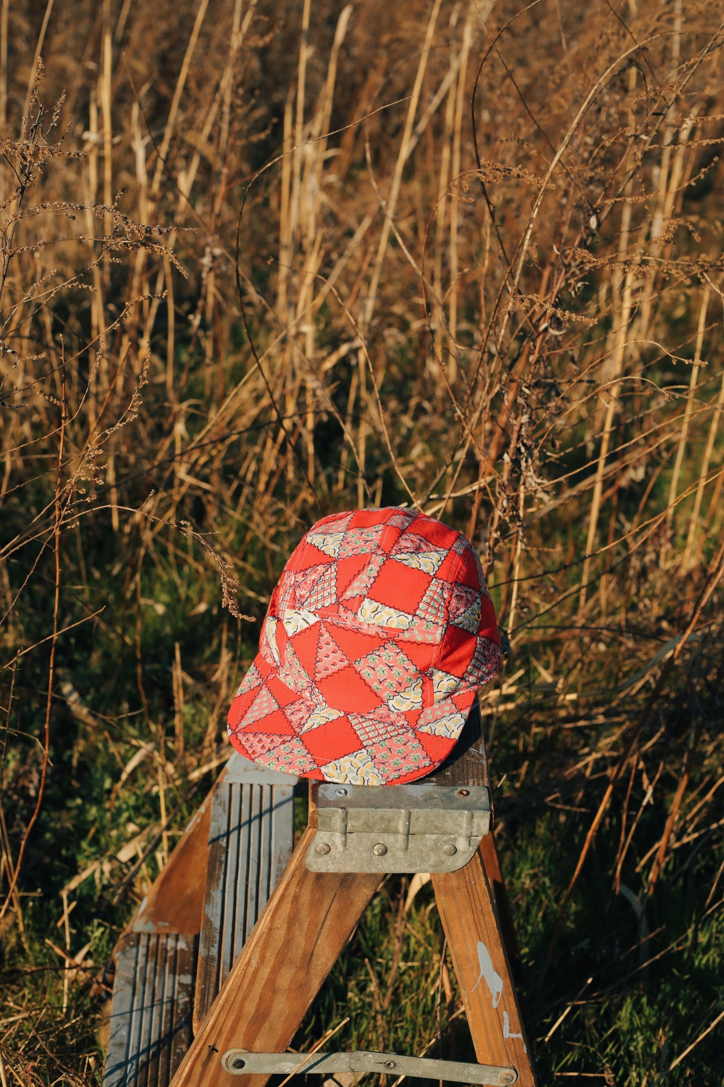 Red patchwork 5-panel hat