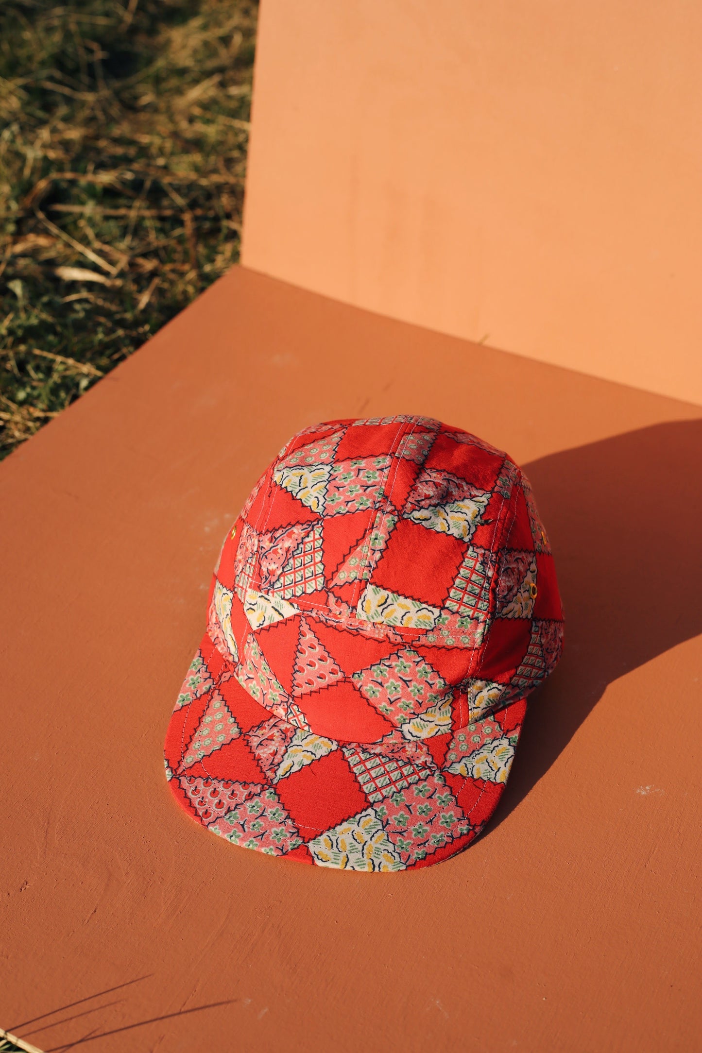 Red patchwork 5-panel hat