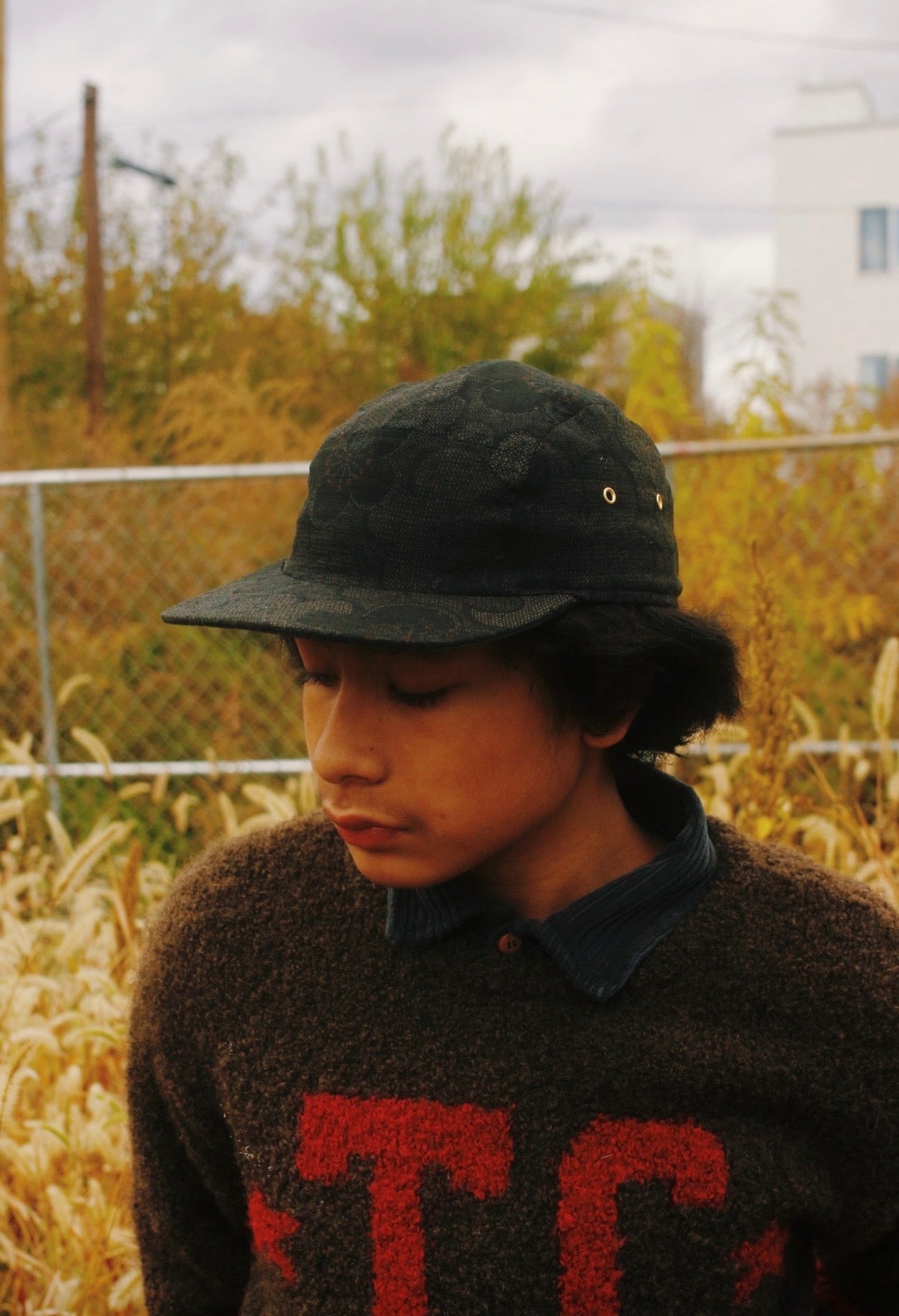 Black floral print 5-panel hat