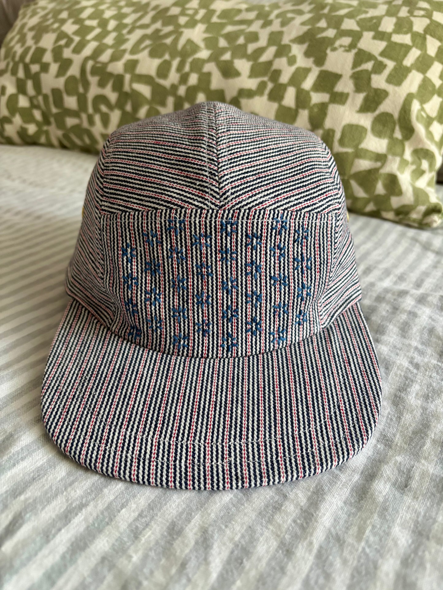 Red/blue stripe sashiko 5-panel hat