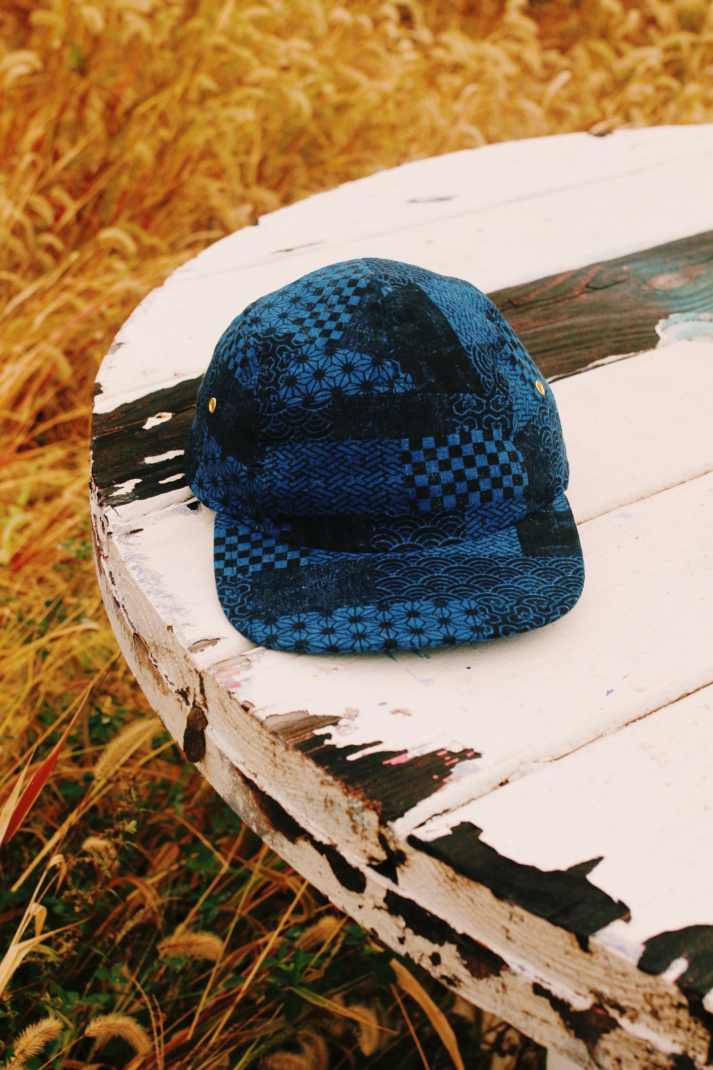 Indigo patchwork print 5-panel hat