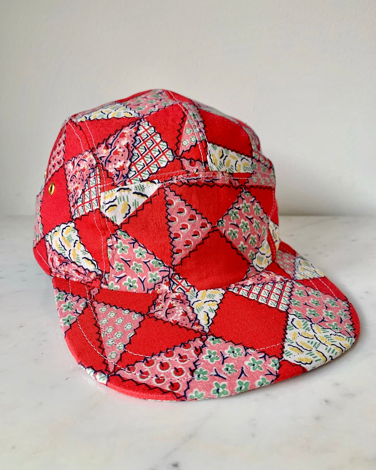 Red patchwork 5-panel hat