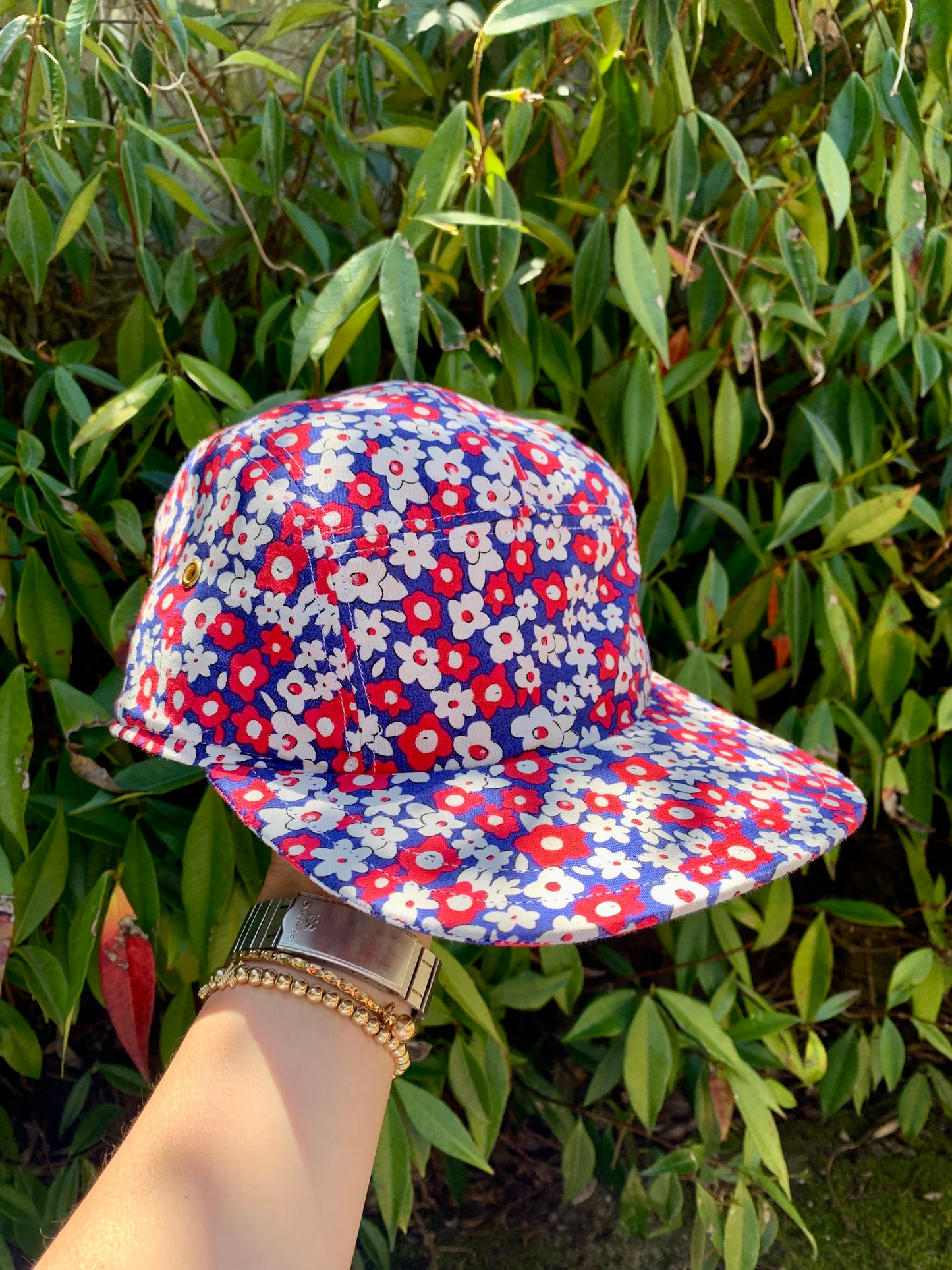 Red floral 5-panel hat
